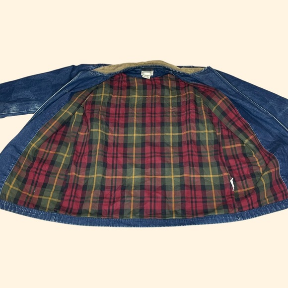 Vintage LL Bean Women LARGE Denim Chore Coat Corduroy Collar Plaid Flannel Lined - Picture 3 of 16